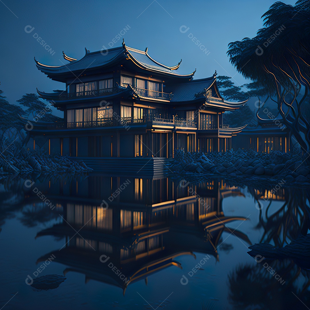 Villa chinesa cercada por água e natureza