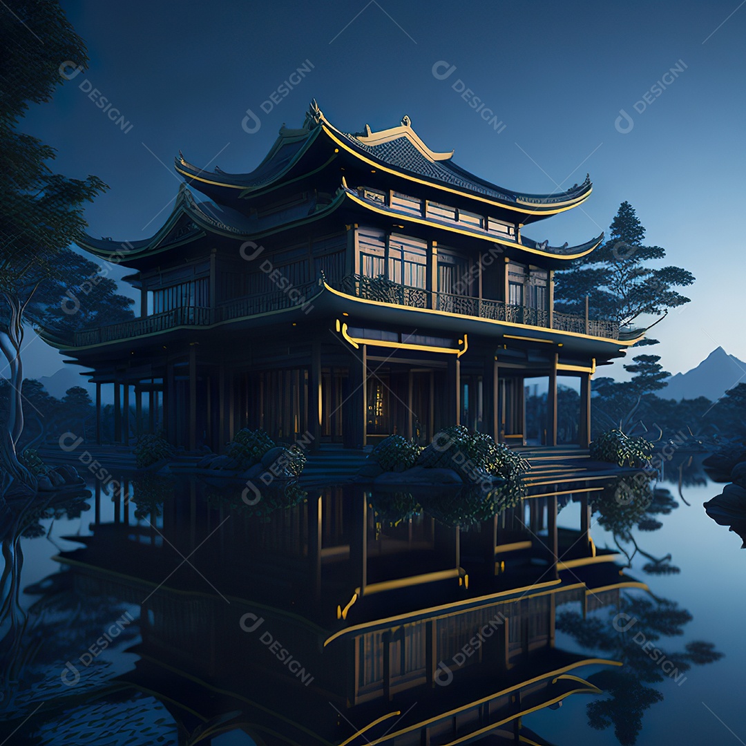 Villa chinesa cercada por água e natureza