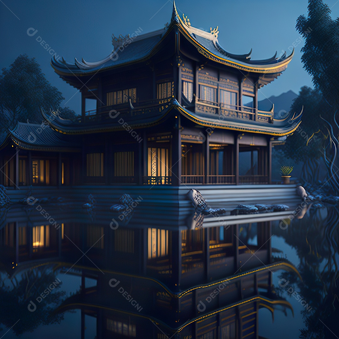 Villa chinesa cercada por água e natureza