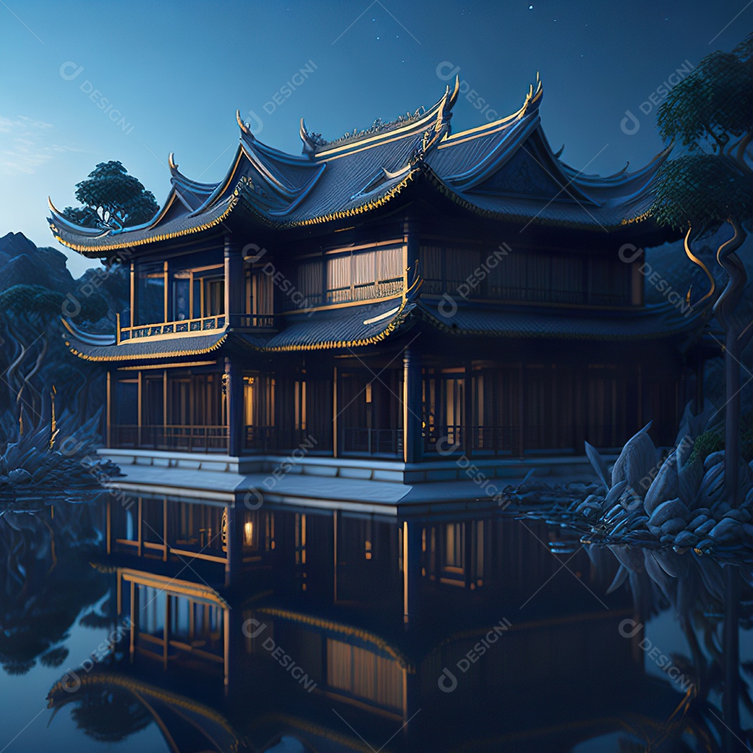 Villa chinesa cercada por água e natureza