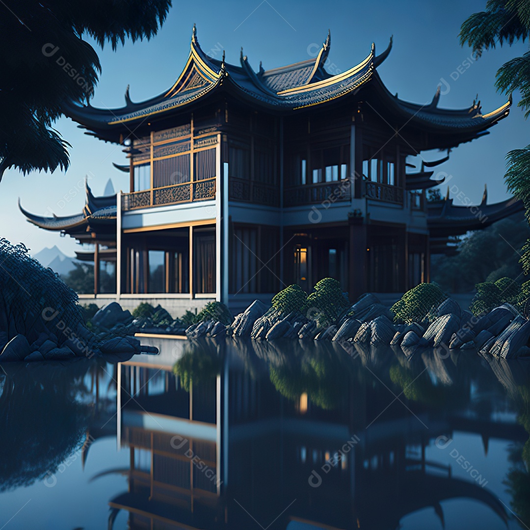 Villa chinesa cercada por água e natureza