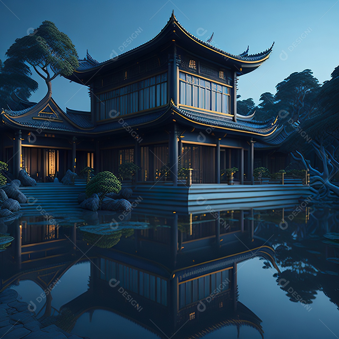 Villa chinesa cercada por água e natureza