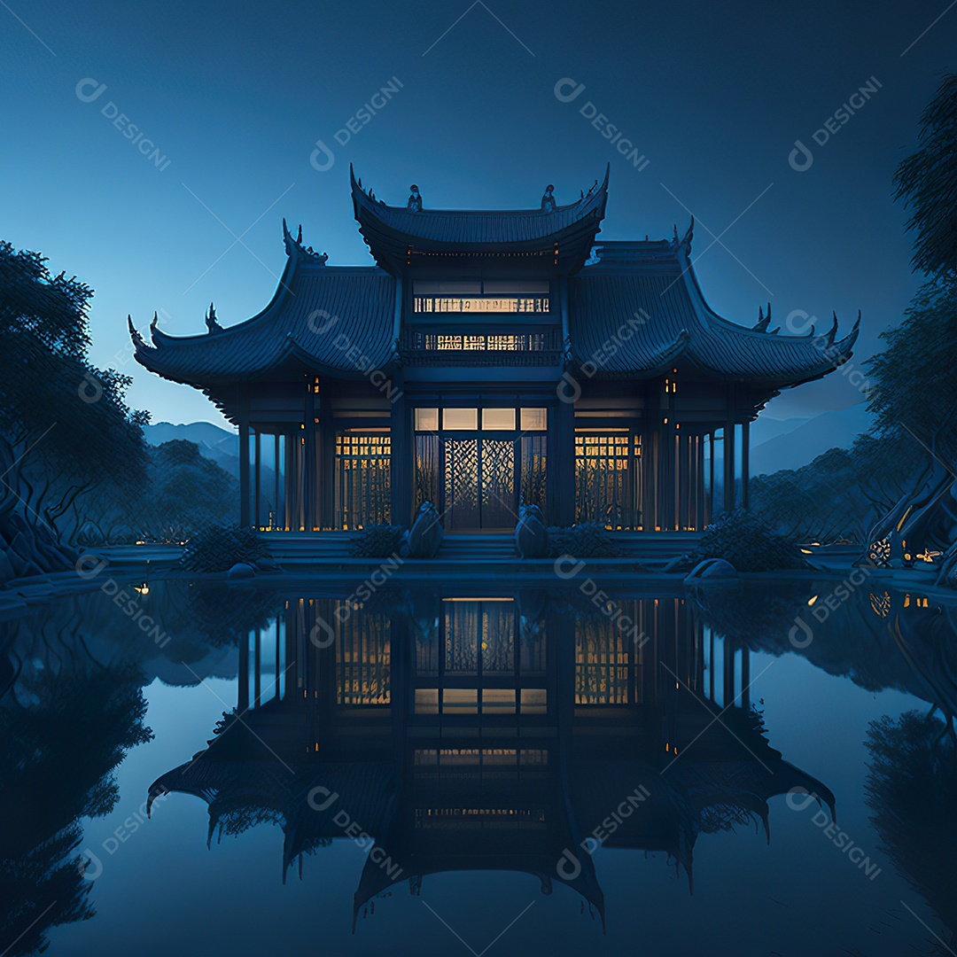 Villa chinesa cercada por água e natureza