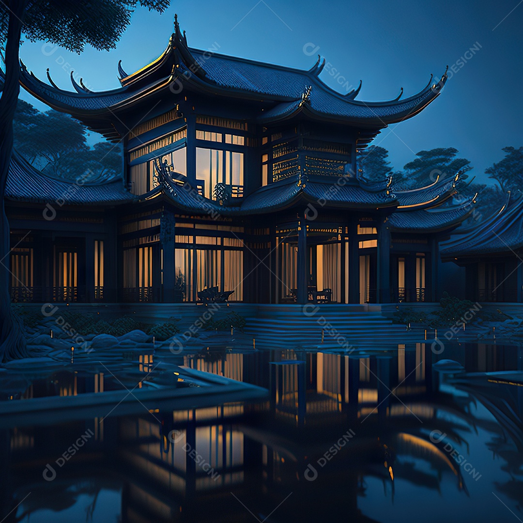 Villa chinesa cercada por água e natureza