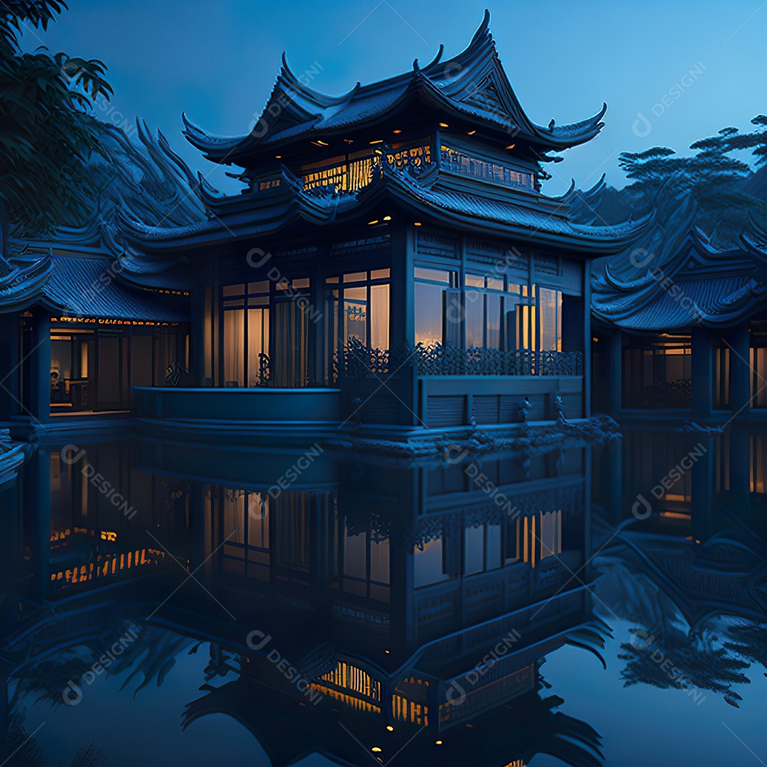 Villa chinesa cercada por água e natureza