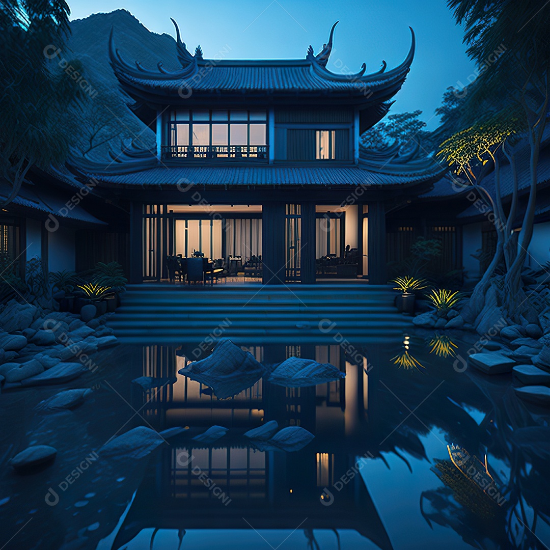 Villa chinesa cercada por água e natureza