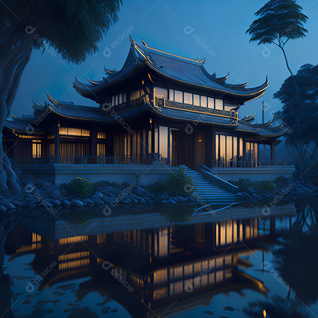 Villa chinesa cercada por água e natureza