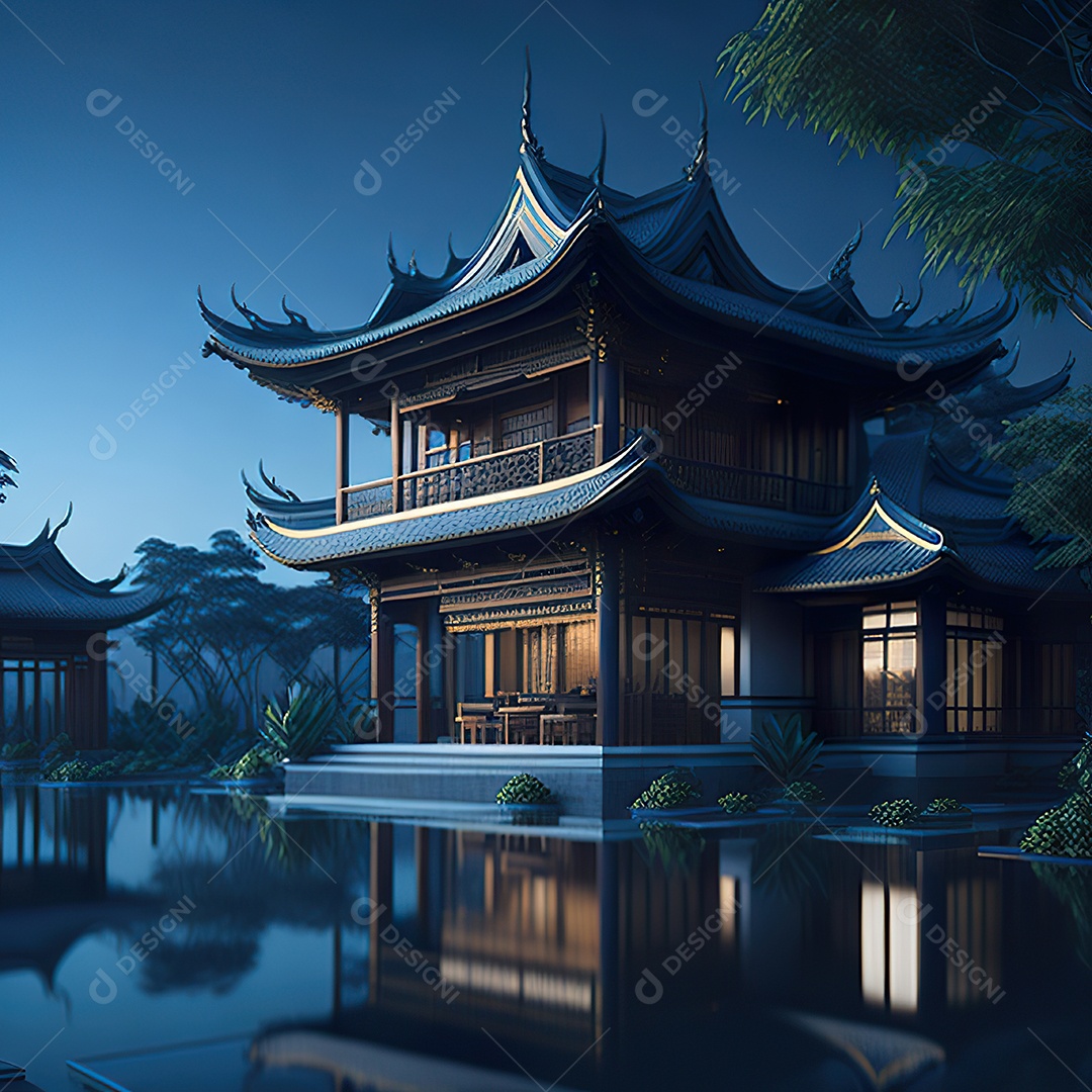 Villa chinesa cercada por água e natureza