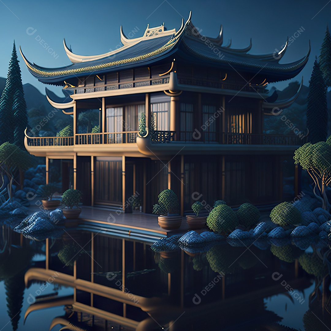 Villa chinesa cercada por água e natureza