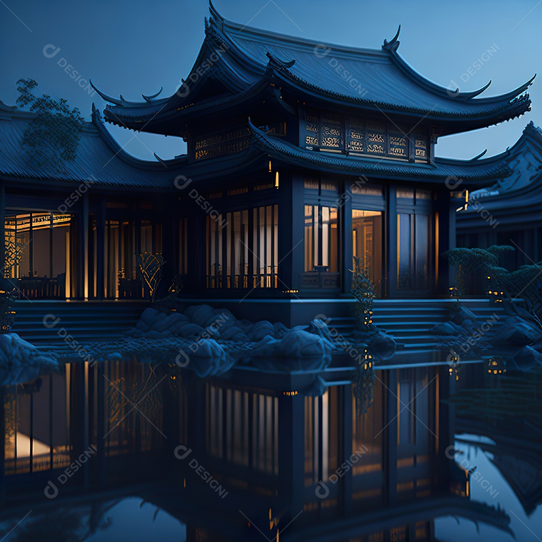 Villa chinesa cercada por água e natureza