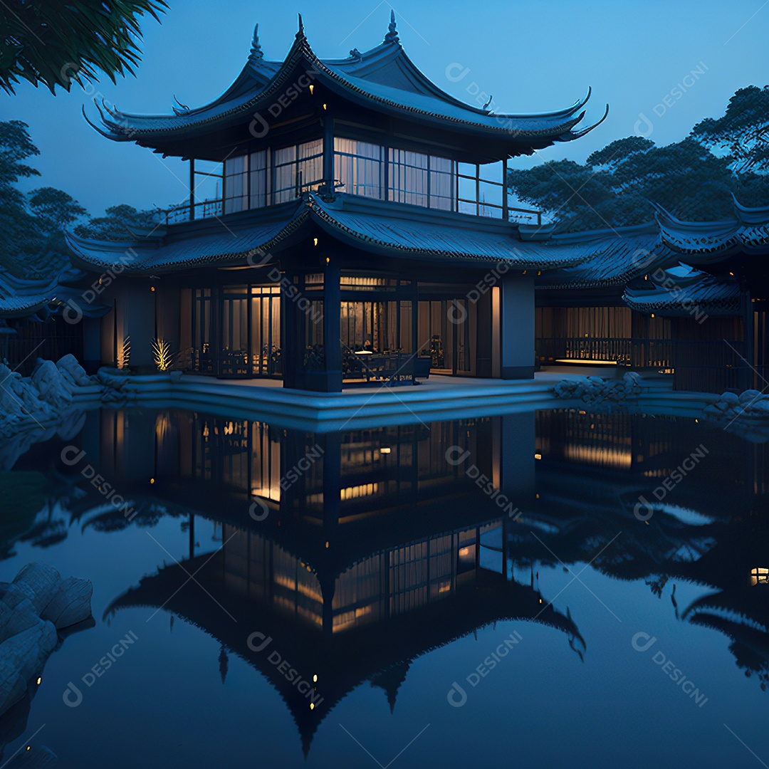 Villa chinesa cercada por água e natureza