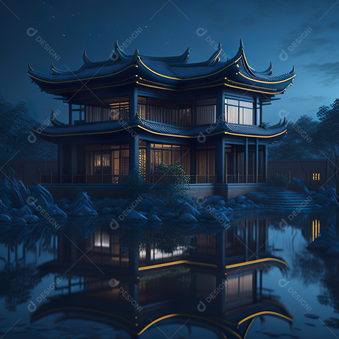 Villa chinesa cercada por água e natureza