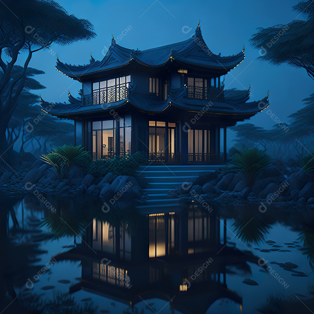 Villa chinesa cercada por água e natureza