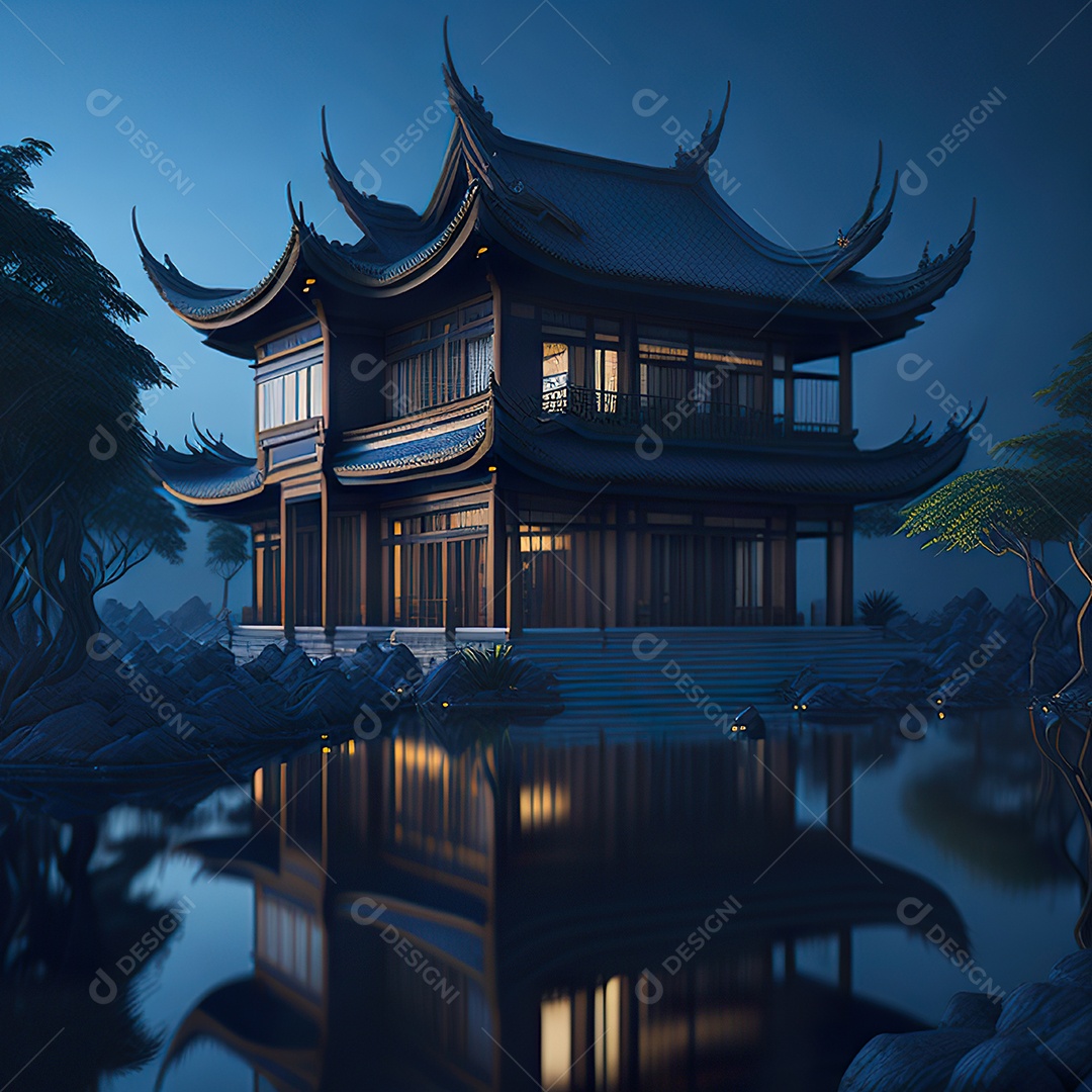 Villa chinesa cercada por água e natureza