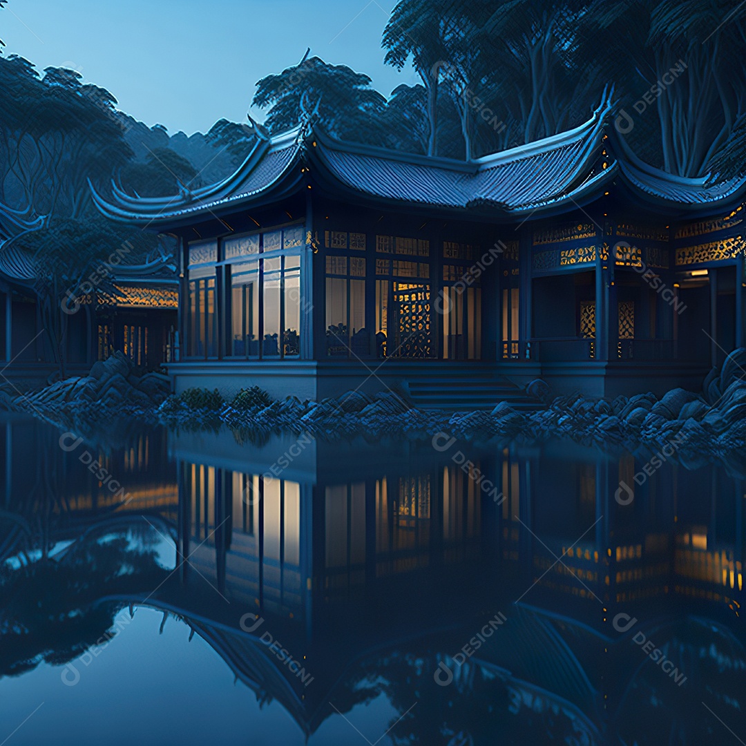 Villa chinesa cercada por água e natureza