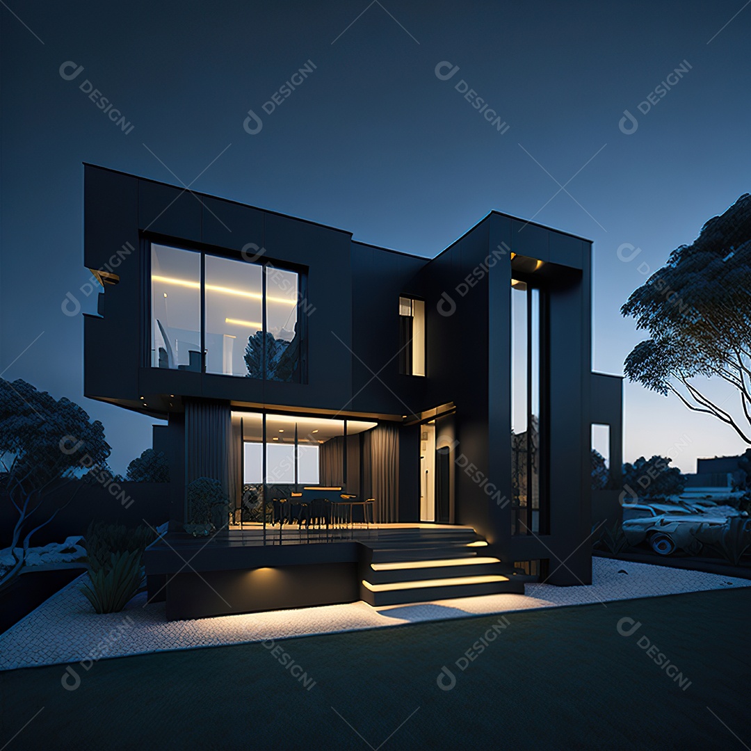 Casa preta com detalhes dourados com estilo moderno