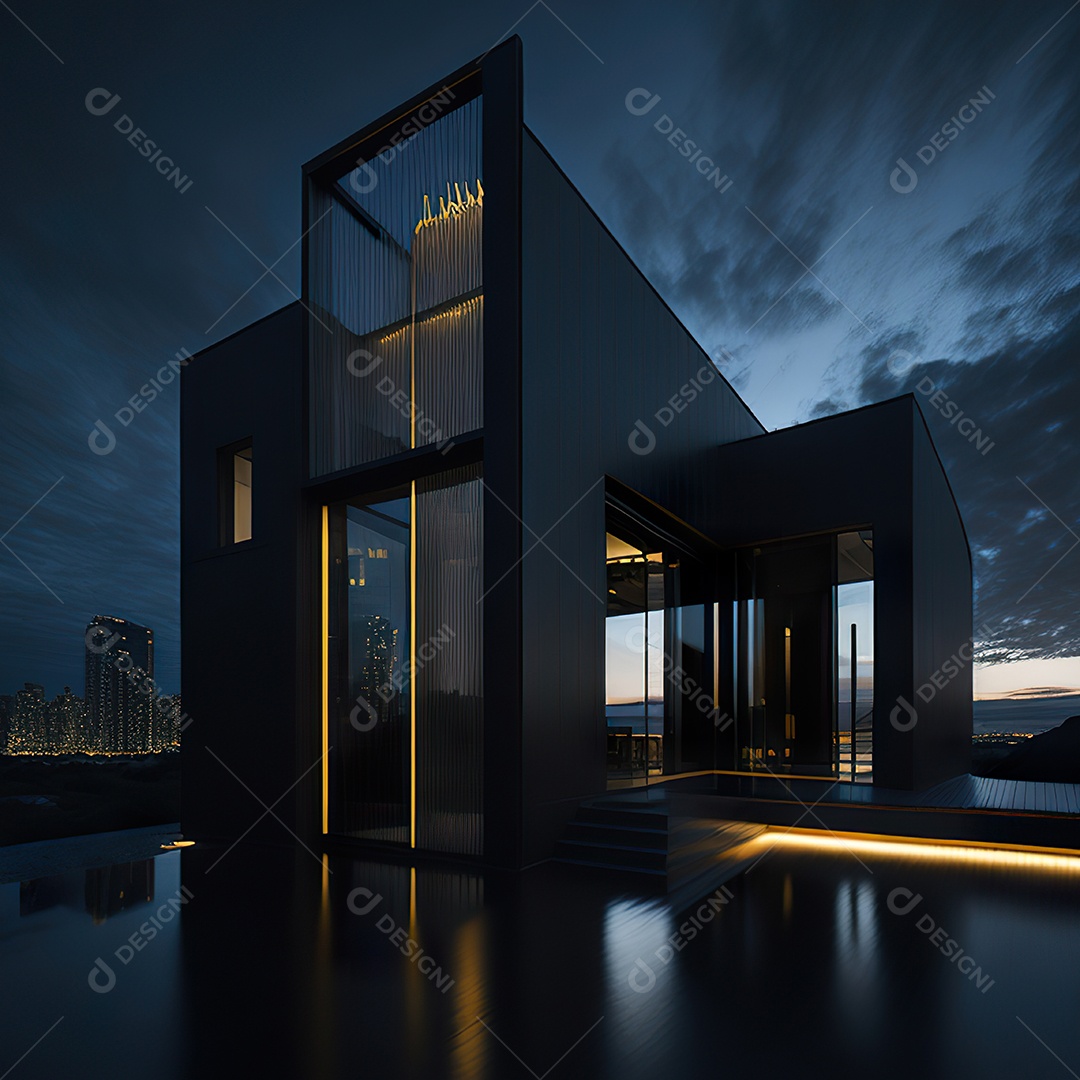 Casa preta com detalhes dourados com estilo moderno