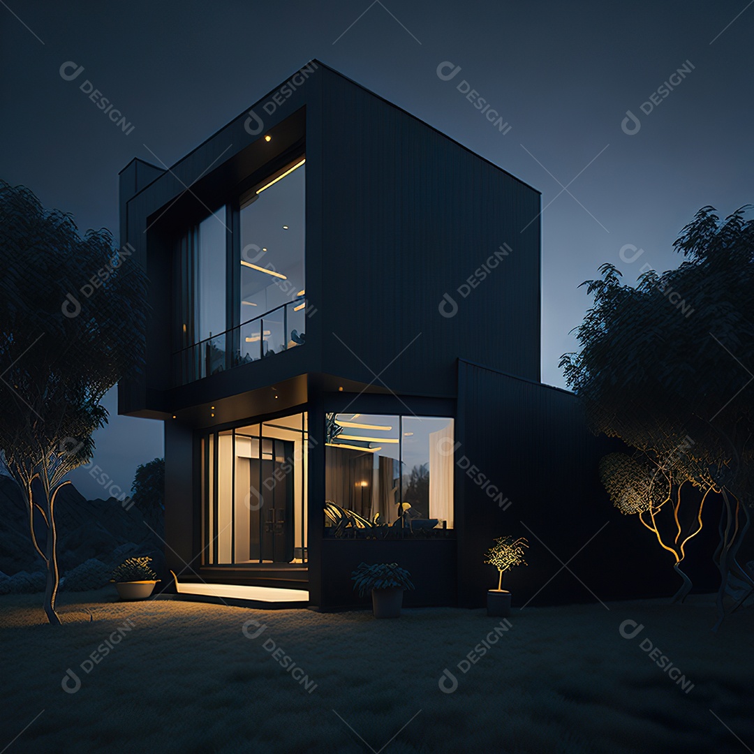 Casa preta com detalhes dourados com estilo moderno