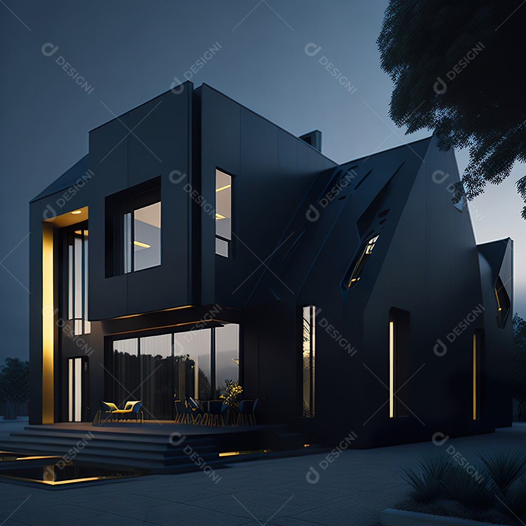 Casa preta com detalhes dourados com estilo moderno