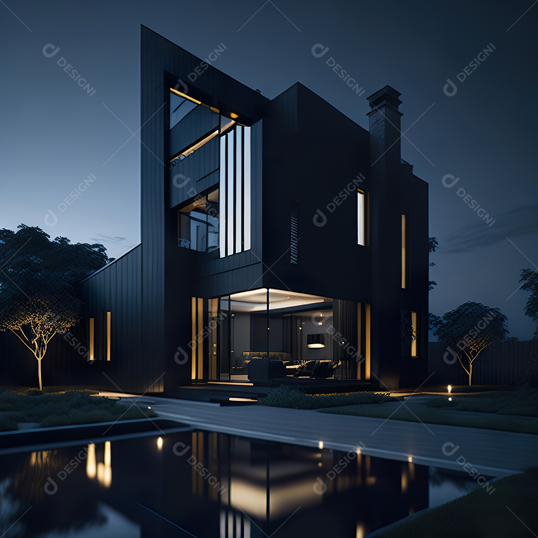 Casa preta com detalhes dourados com estilo moderno