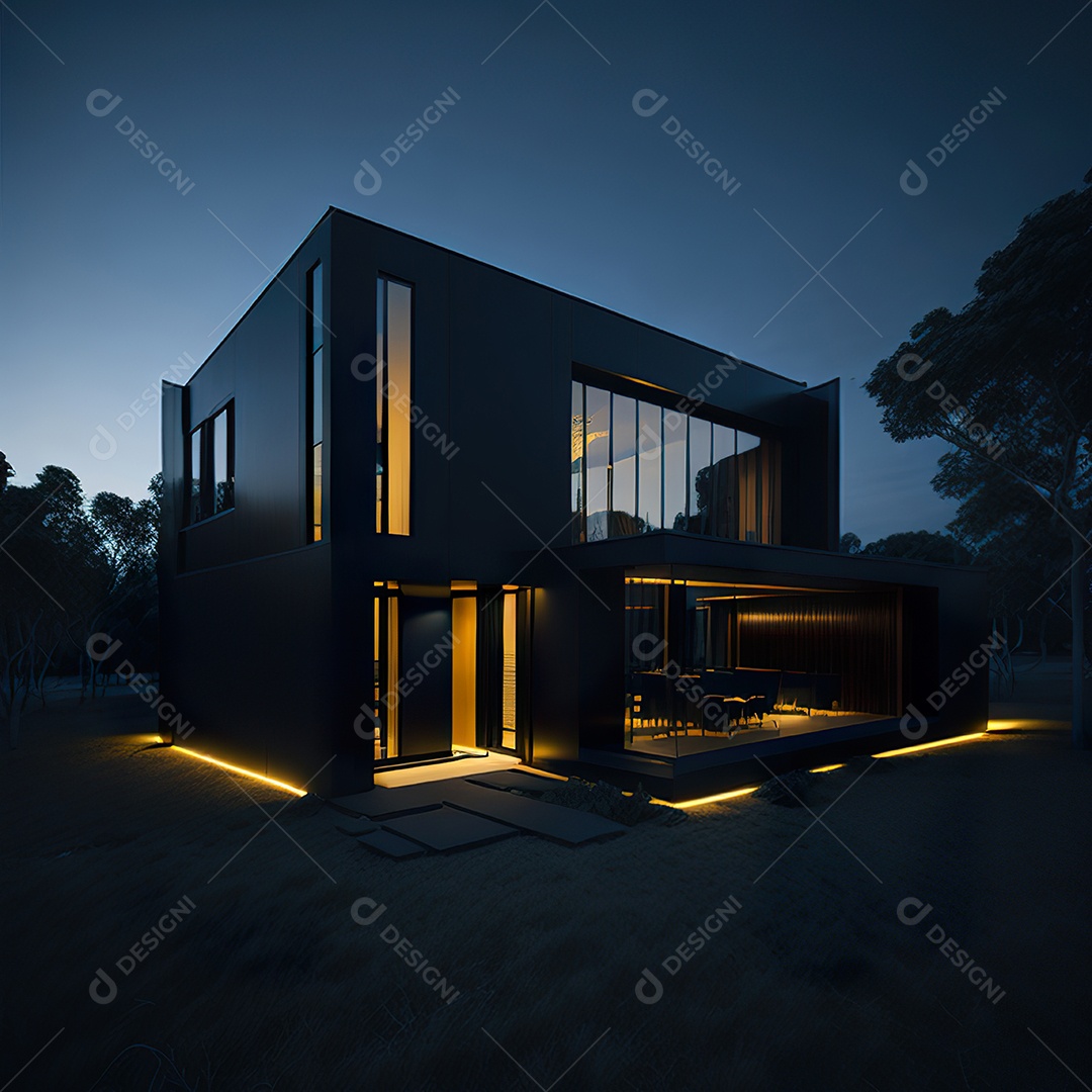 Casa preta com detalhes dourados com estilo moderno