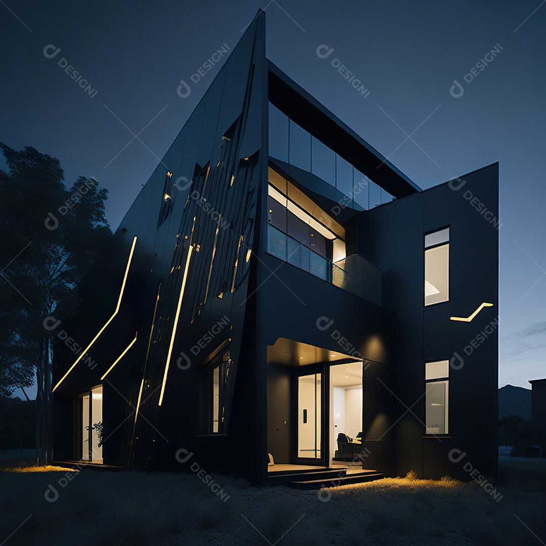 Casa preta com detalhes dourados com estilo moderno