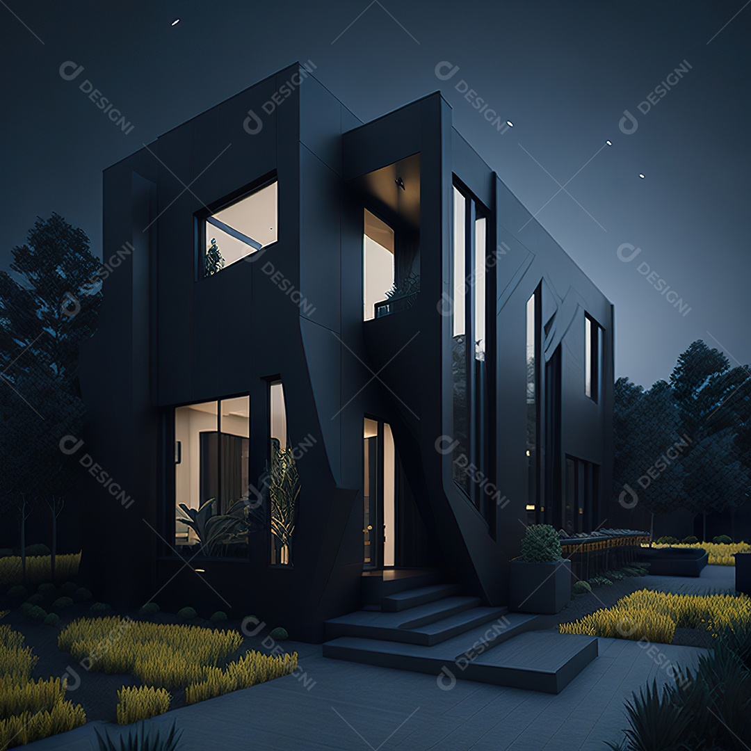 Casa preta com detalhes dourados com estilo moderno