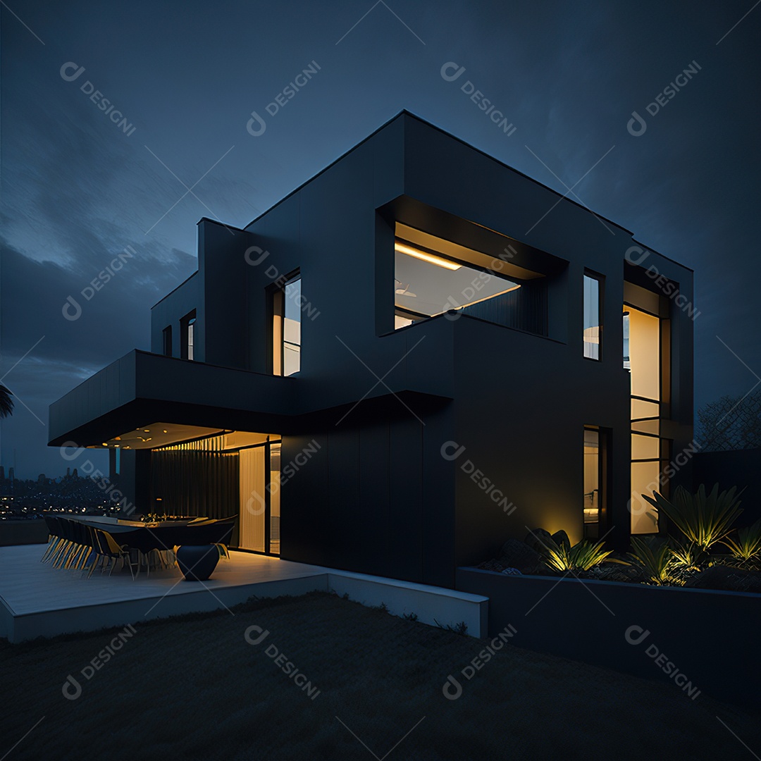 Casa preta com detalhes dourados com estilo moderno