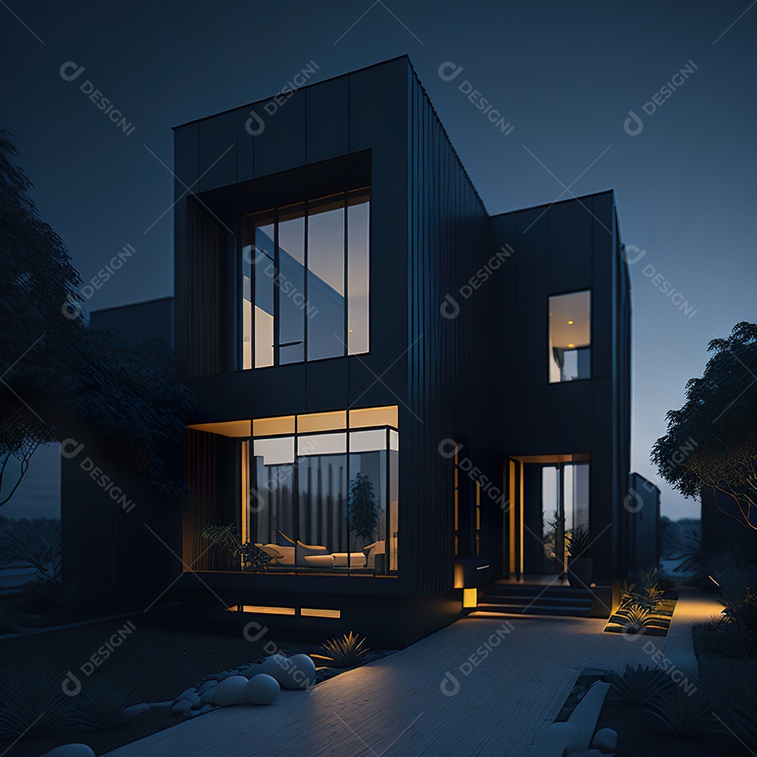 Casa preta com detalhes dourados com estilo moderno