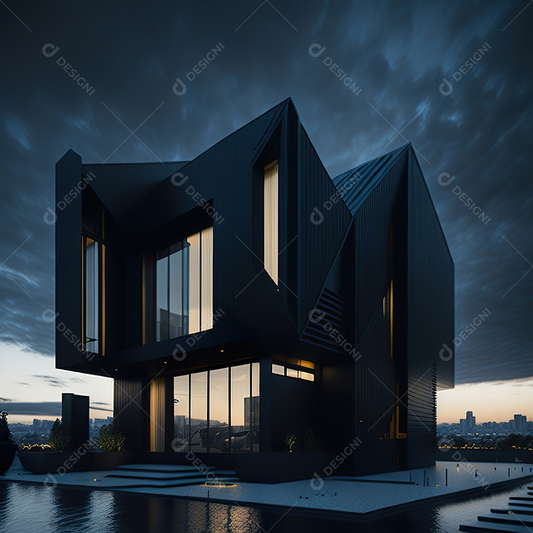 Casa preta com detalhes dourados com estilo moderno