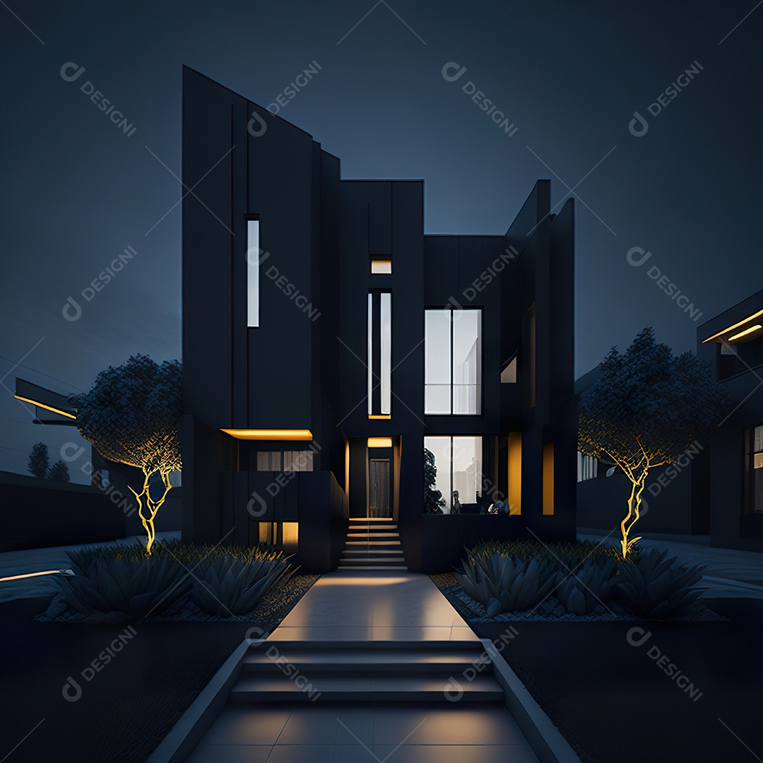 Casa preta com detalhes dourados com estilo moderno