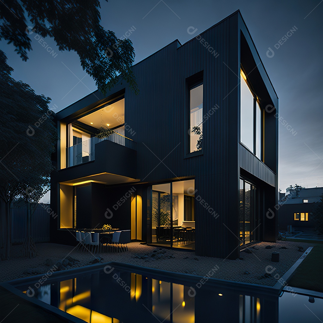 Casa preta com detalhes dourados com estilo moderno