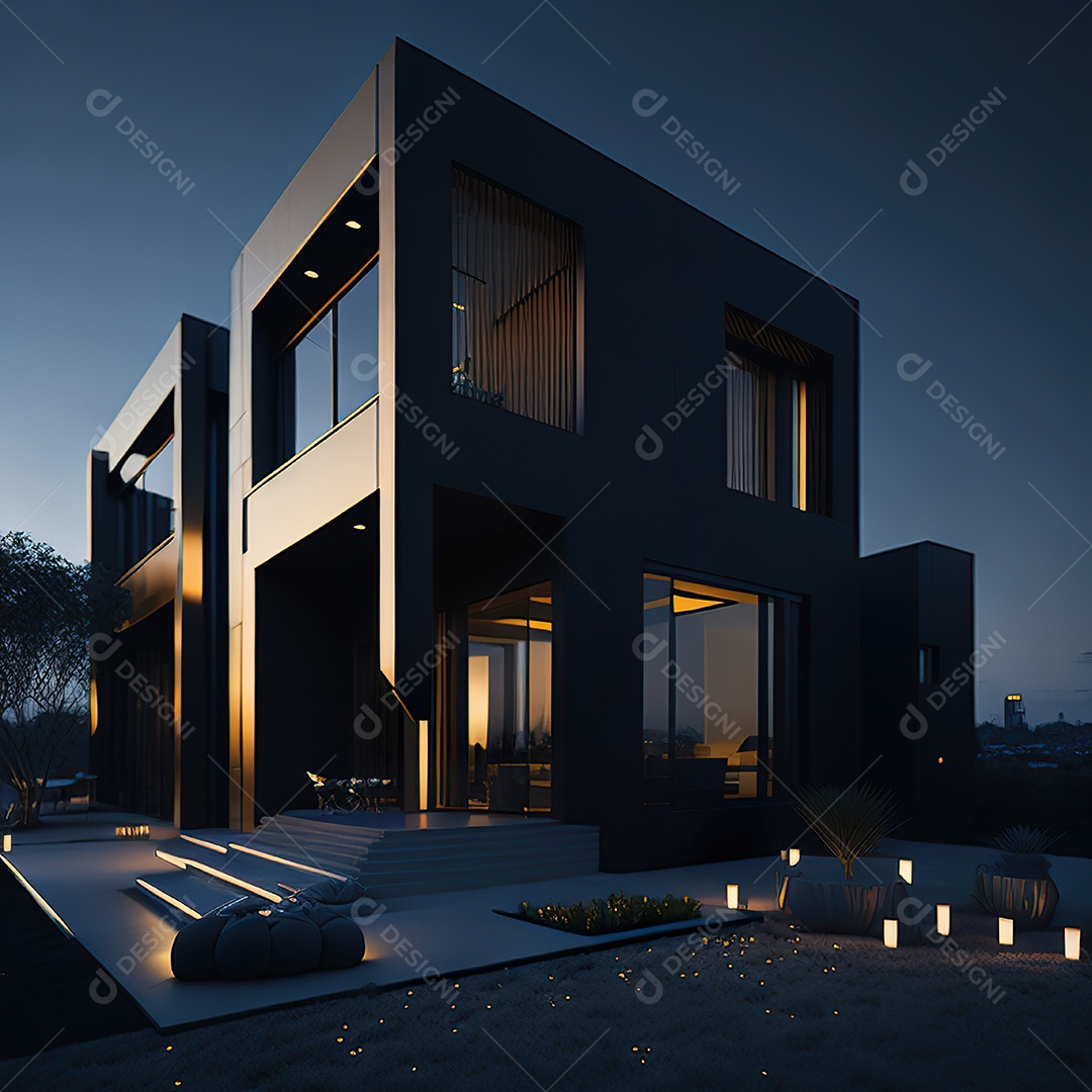 Casa preta com detalhes dourados com estilo moderno