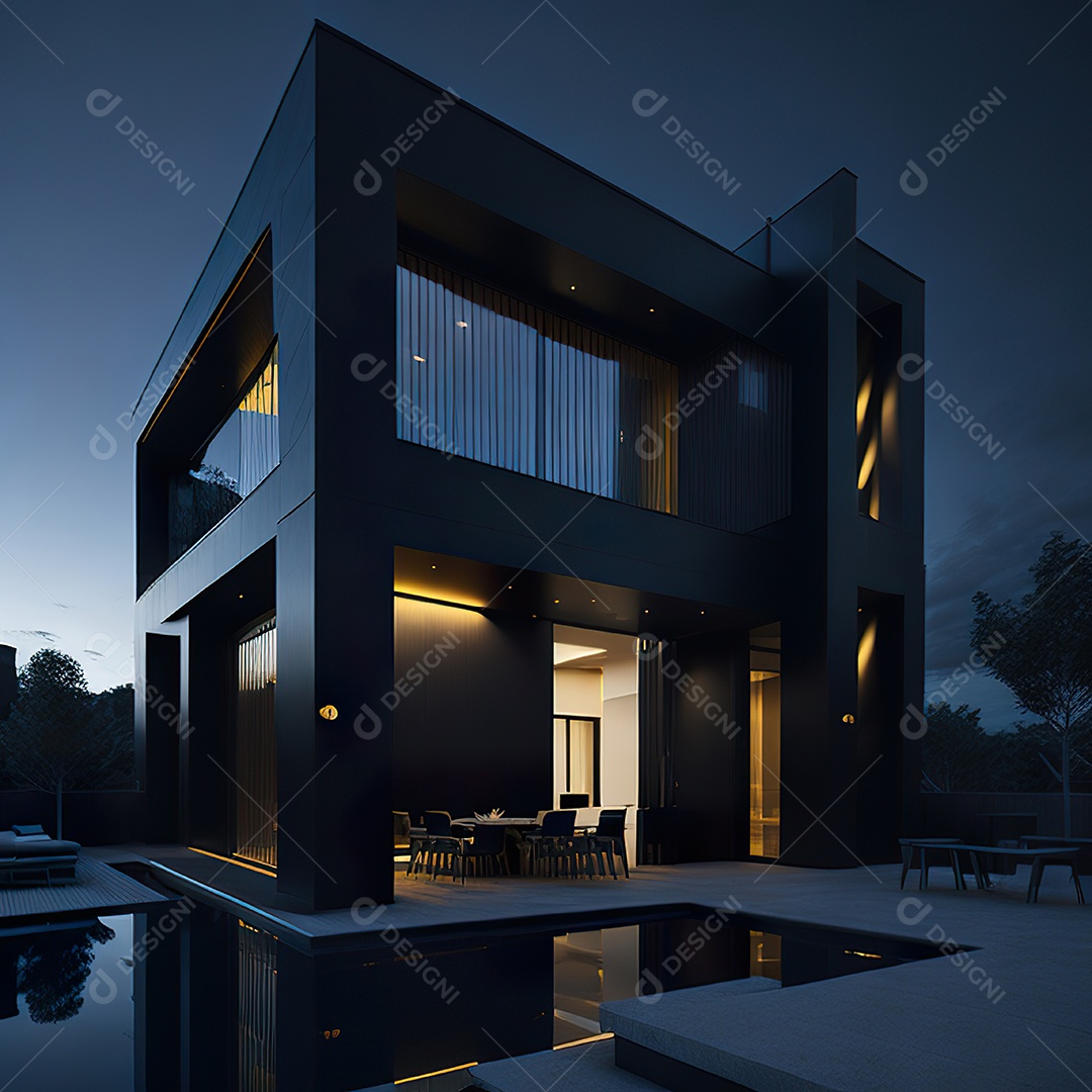 Casa preta com detalhes dourados com estilo moderno