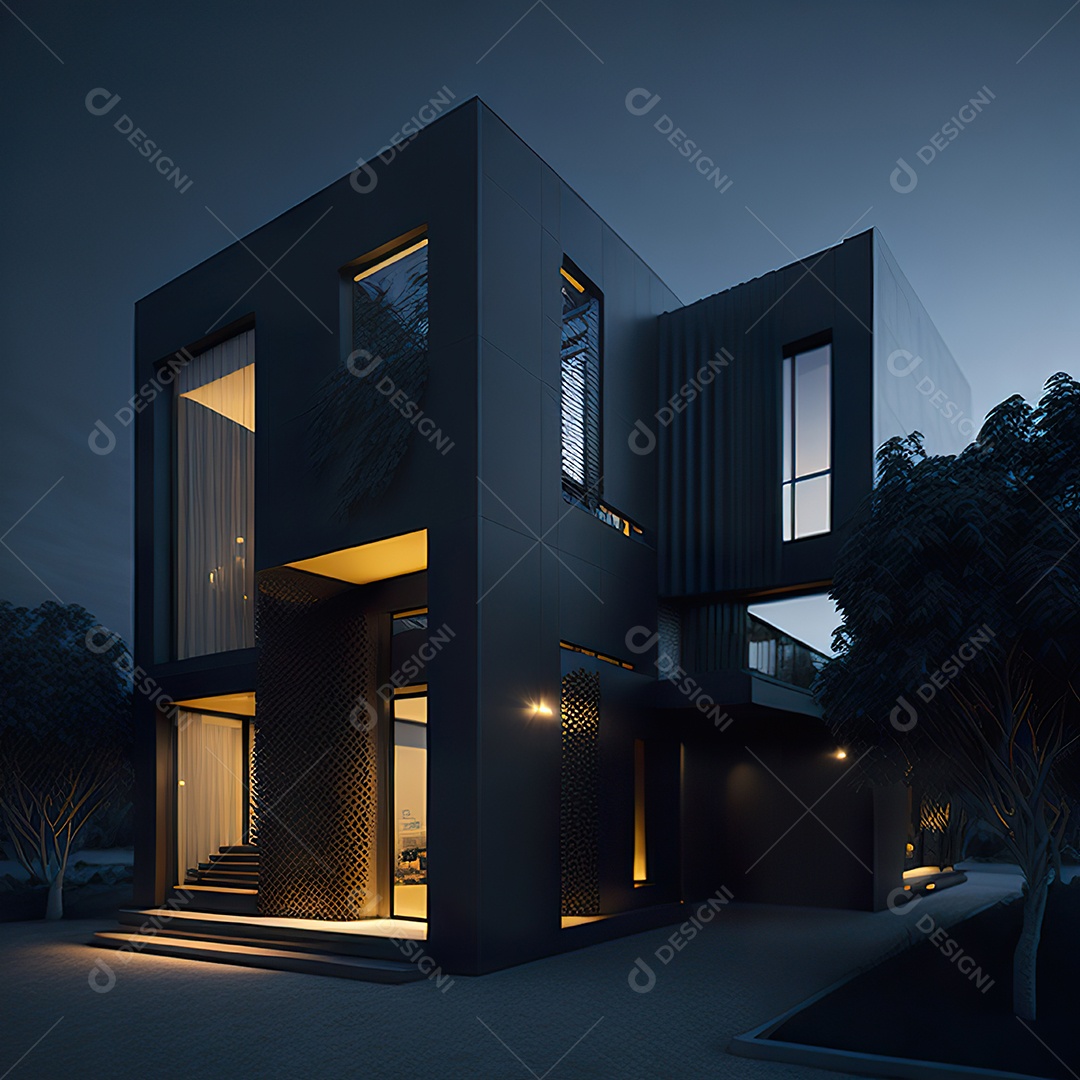 Casa preta com detalhes dourados com estilo moderno