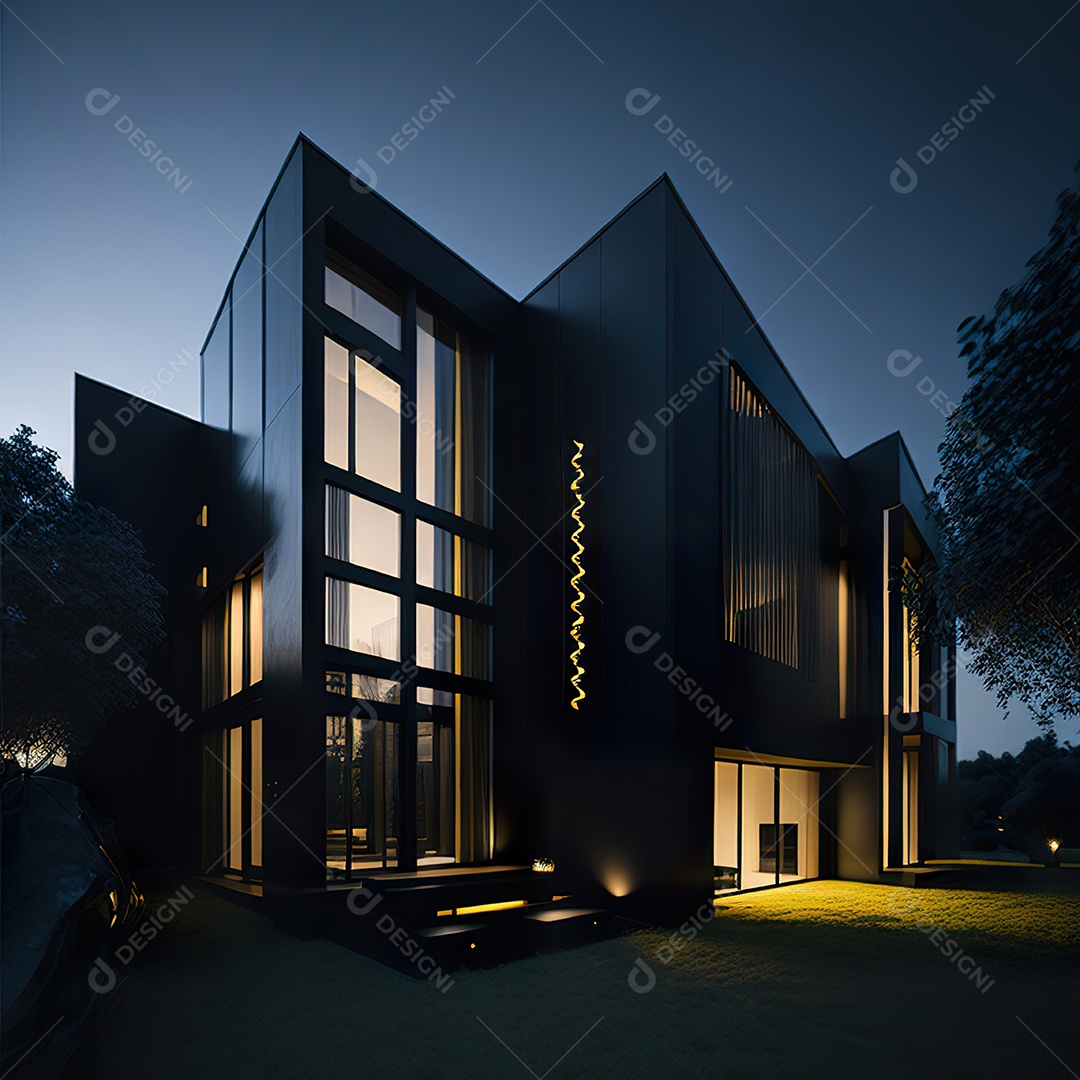 Casa preta com detalhes dourados com estilo moderno