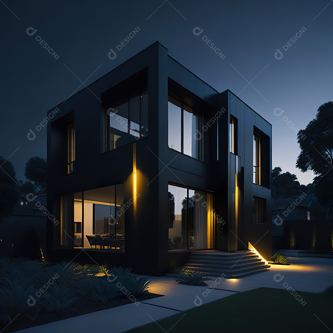 Casa preta com detalhes dourados com estilo moderno