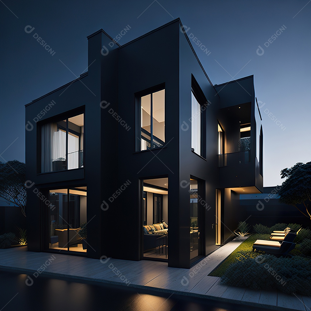 Casa preta com detalhes dourados com estilo moderno