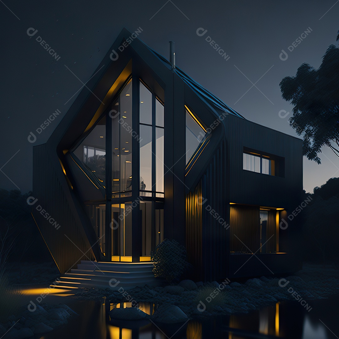 Casa preta com detalhes dourados com estilo moderno