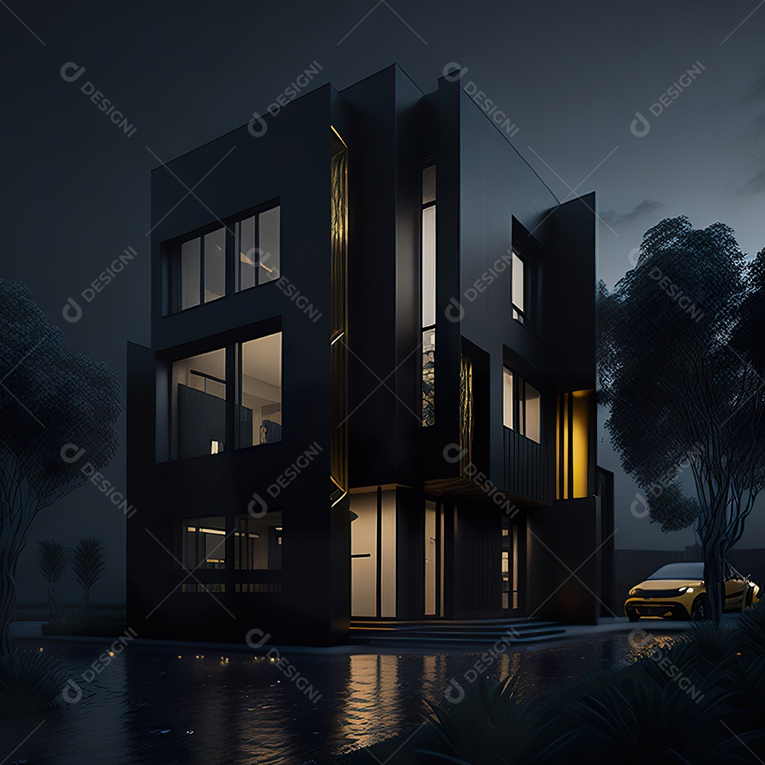 Casa preta com detalhes dourados com estilo moderno