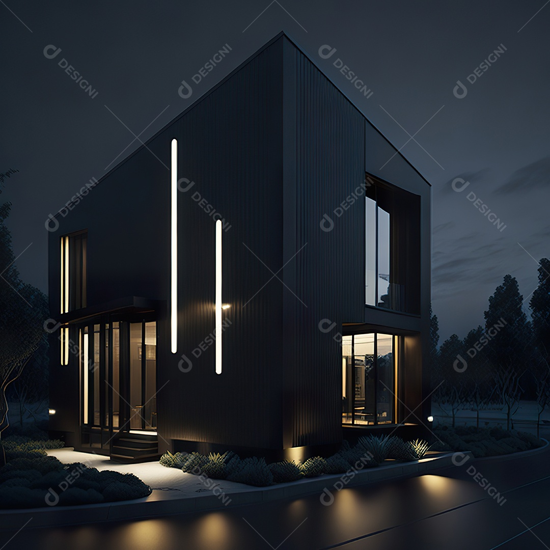 Casa preta com detalhes dourados com estilo moderno