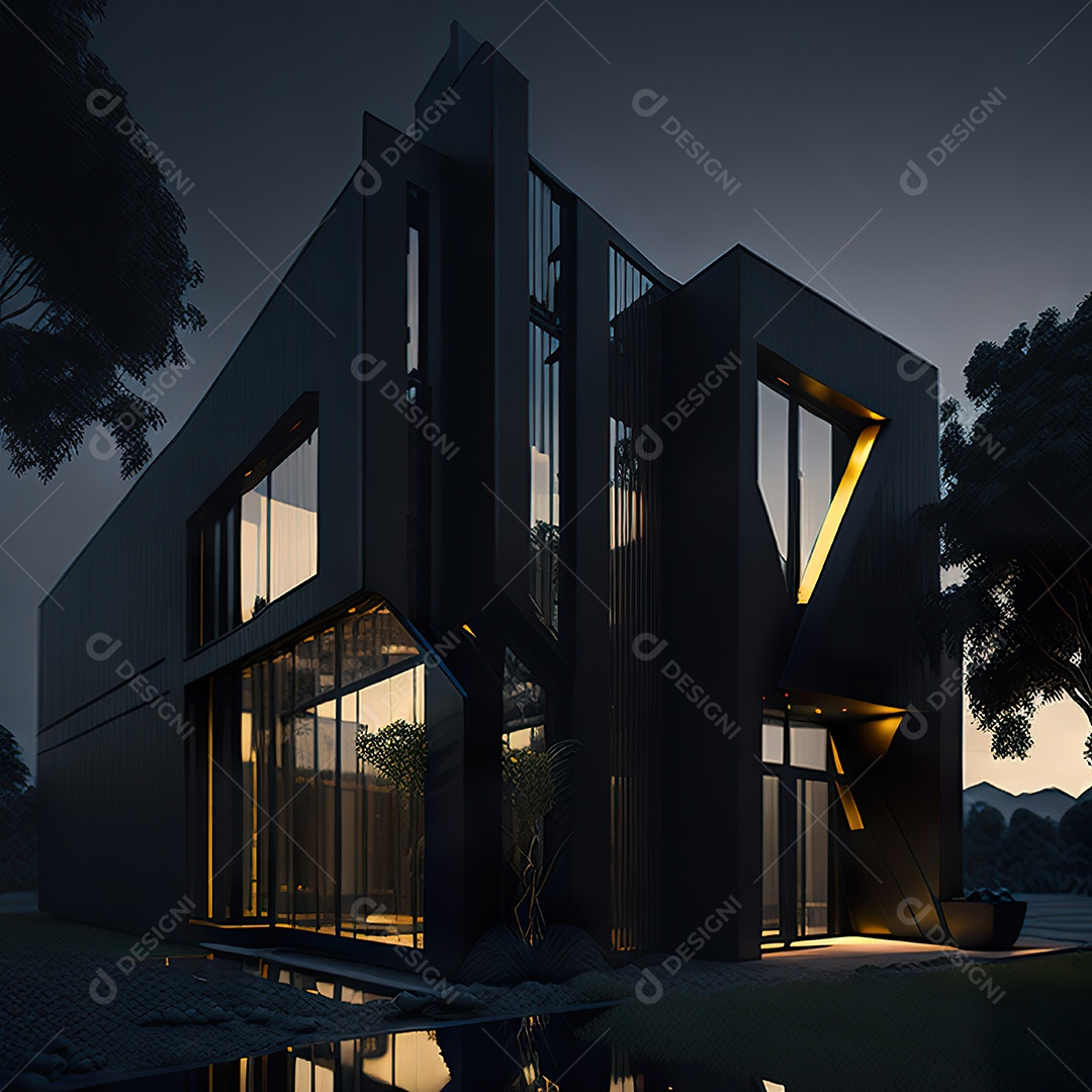 Casa preta com detalhes dourados com estilo moderno