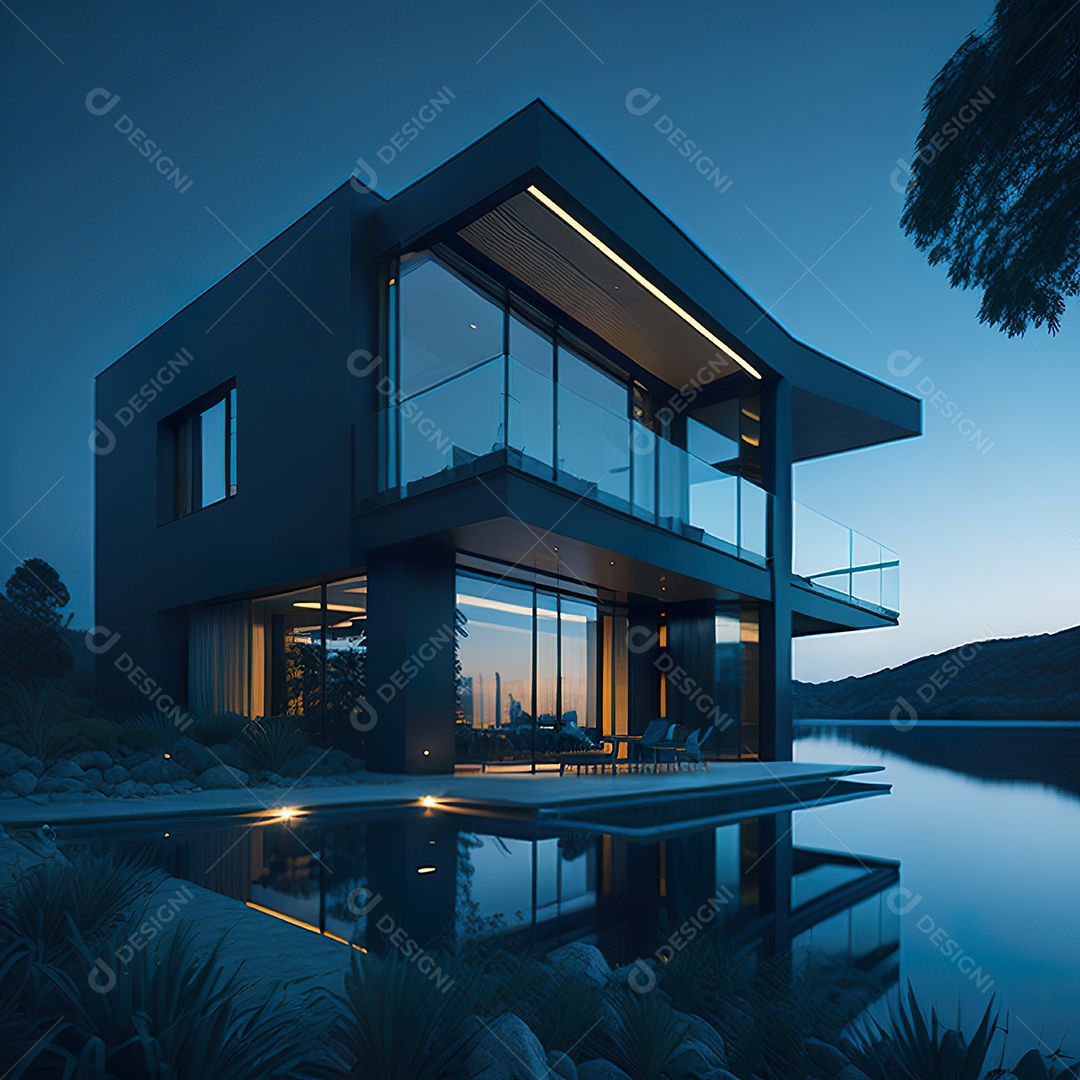 Casa azul com design moderno e minimalista