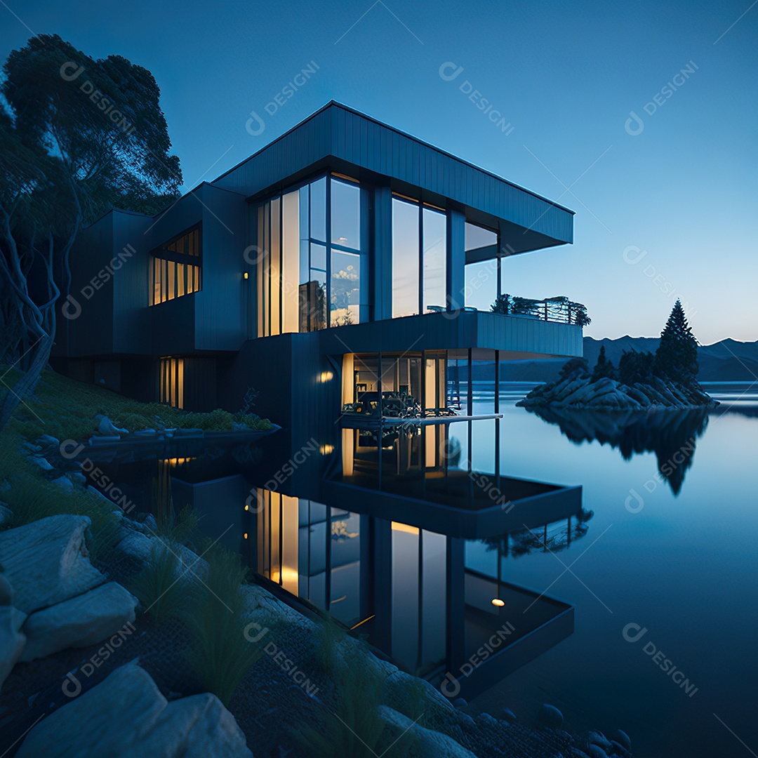 Casa azul com design moderno e minimalista