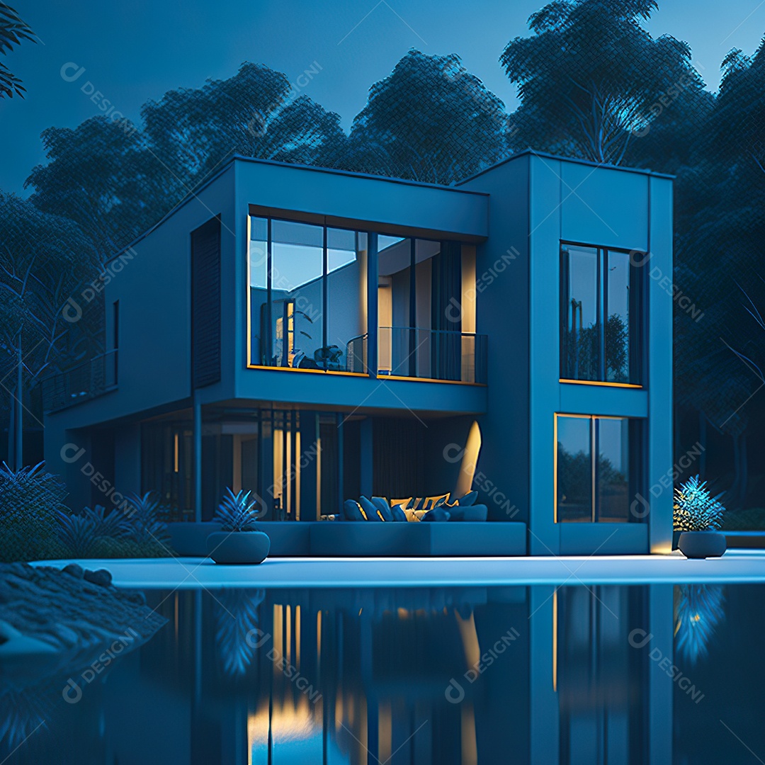 Casa azul com design moderno e minimalista