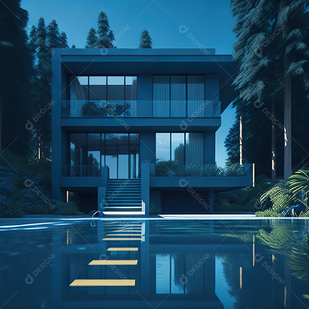 Casa azul com design moderno e minimalista