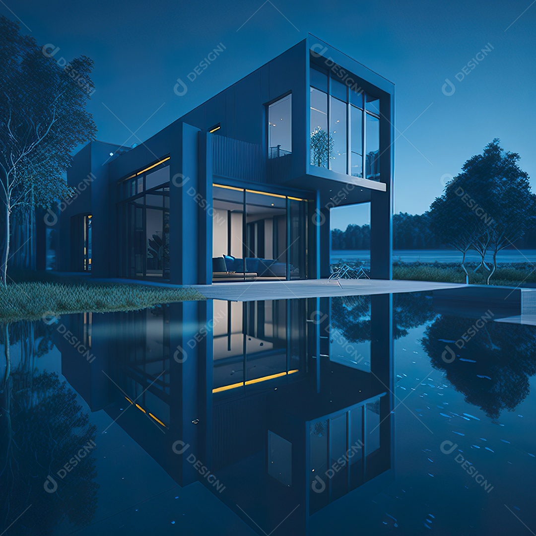 Casa azul com design moderno e minimalista