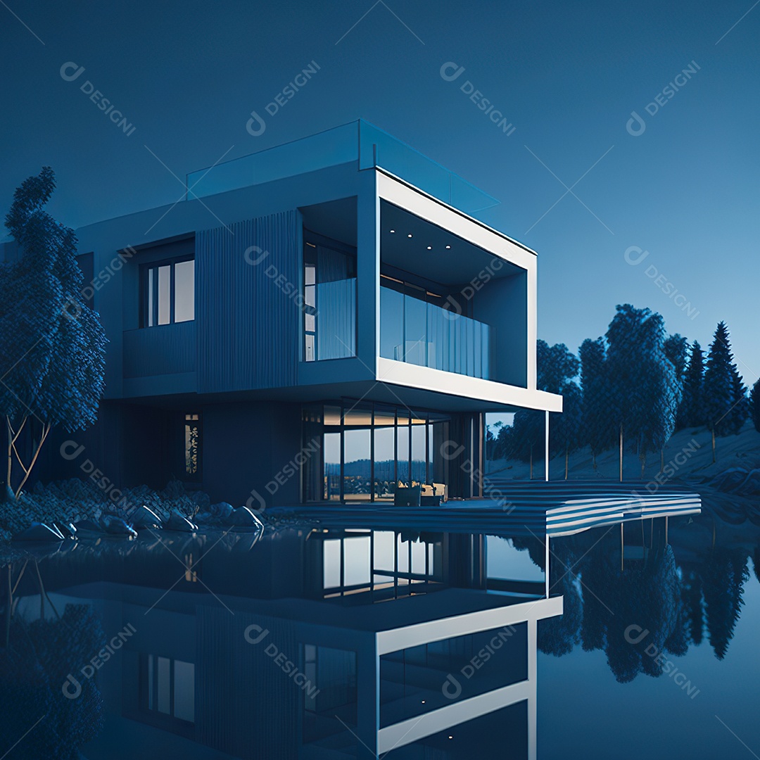 Casa azul com design moderno e minimalista