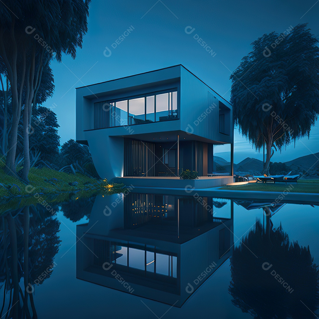 Casa azul com design moderno e minimalista