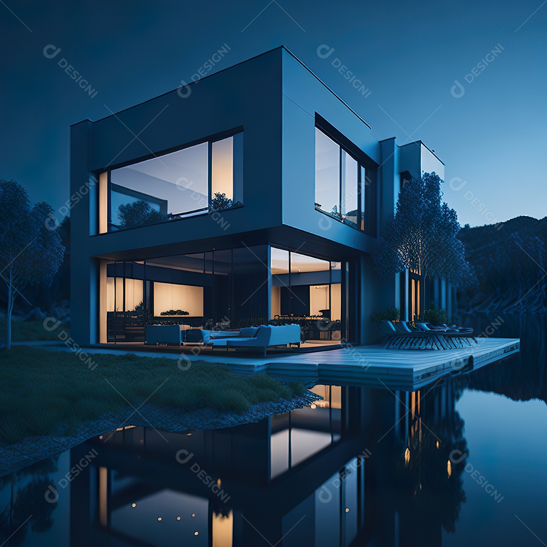 Casa azul com design moderno e minimalista